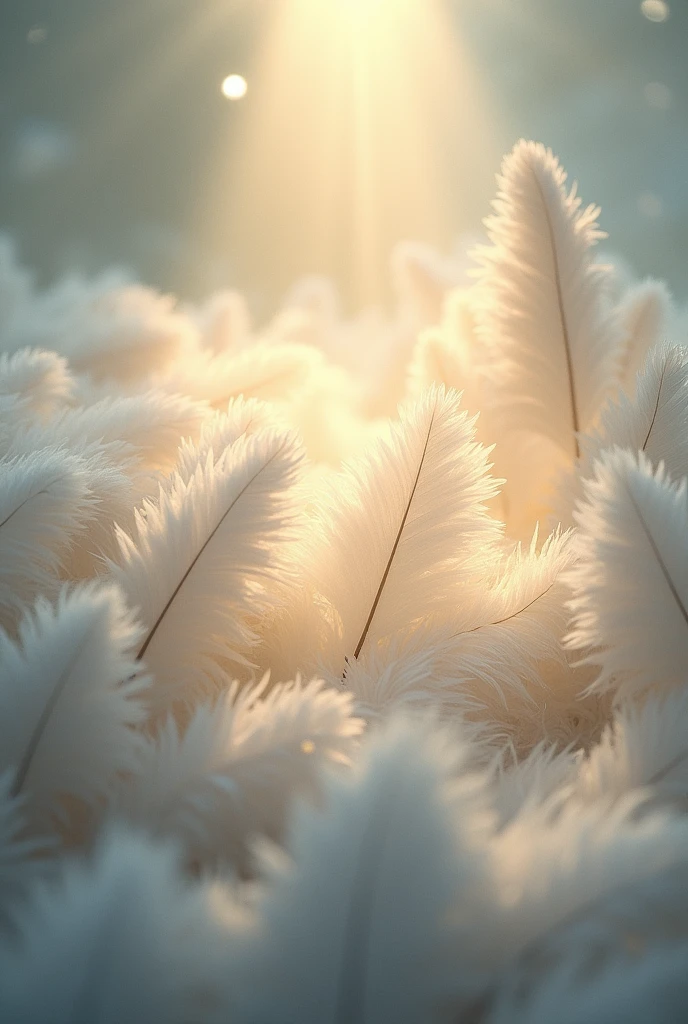Soft, pure white feathers covering the entire screen,Strong light,Mysterious atmosphere.