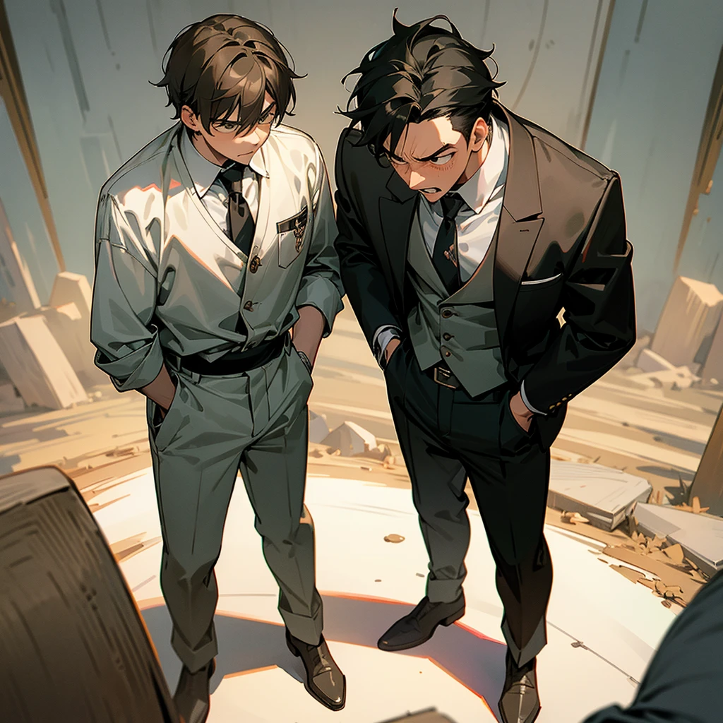 There was a young man looking down at the ground and behind him was a man with an angry face placing his hand on the young man's shoulder.Straight view