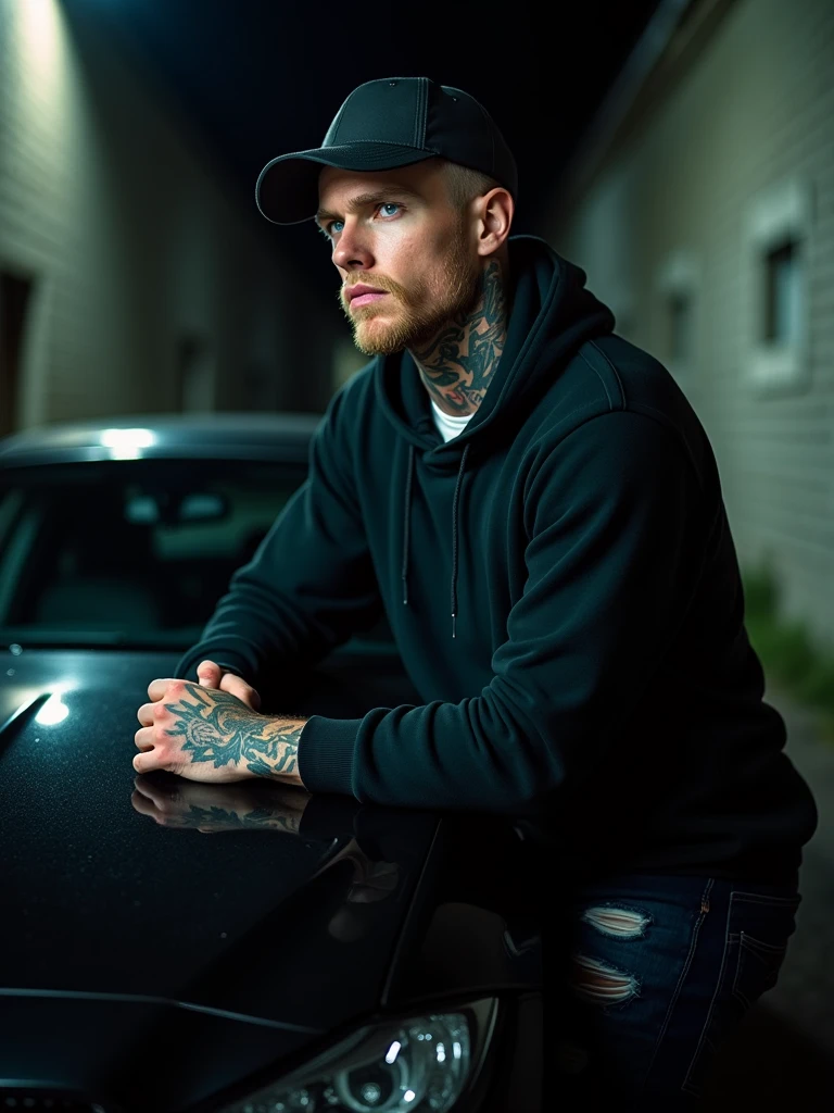 create a british gangster , tattoed neck ,black hoodie, baseball cap, ripped jeans, ,,blonde short hair , blue eyes, confident,serious expression, manly looking,symetrical size,,nsane details, dark background ,high details,monster,more detail XL,male,Movie Still,EpicLand,Film Still,photo r3al, alleyway, nighttime, leaning againt the hood of a car, heavily tattooed