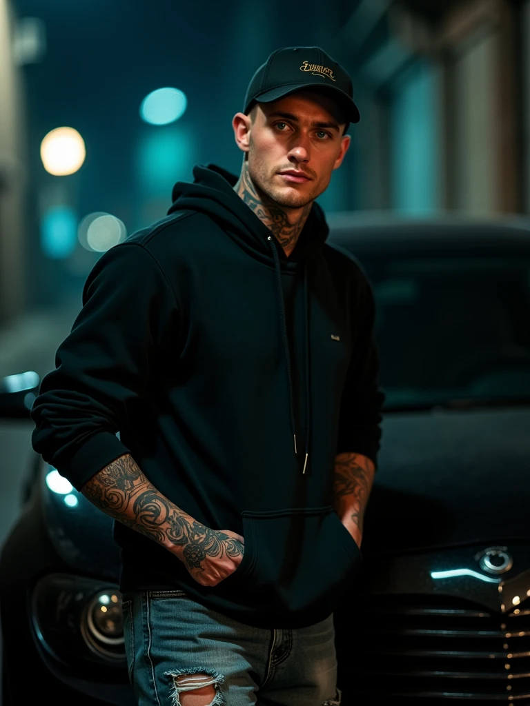 create a british gangster , tattoed neck ,black hoodie, baseball cap, ripped jeans, ,,blonde short hair , blue eyes, confident,serious expression, manly looking,symetrical size,,nsane details, dark background ,high details,monster,more detail XL,male,Movie Still,EpicLand,Film Still,photo r3al, alleyway, nighttime, leaning againt the hood of a car, heavily tattooed