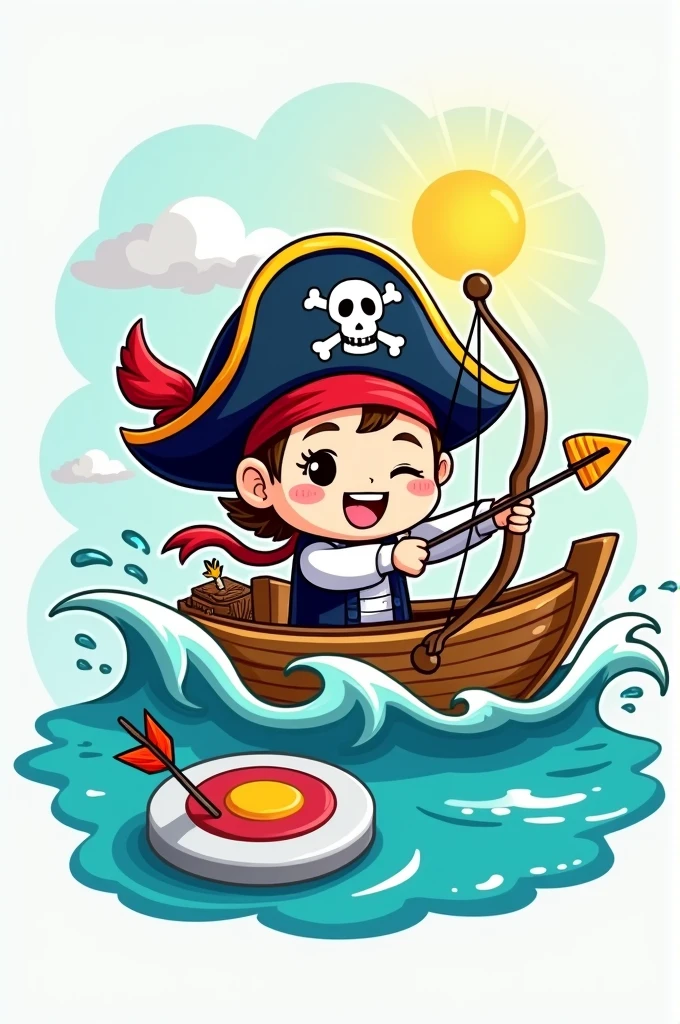Create a logo for the archery club.Chibi style. Pirate figure sitting on a boat sailing through waves, just archery. Cheerful style