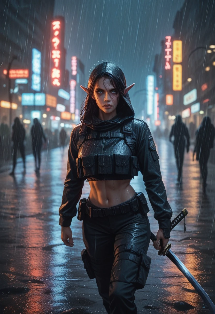 Female Elf. Shadowrun. Tactical clothing, katana. runner, big tits, sexly. neonlights, nighttime, city, rainy, criminal. detailed face