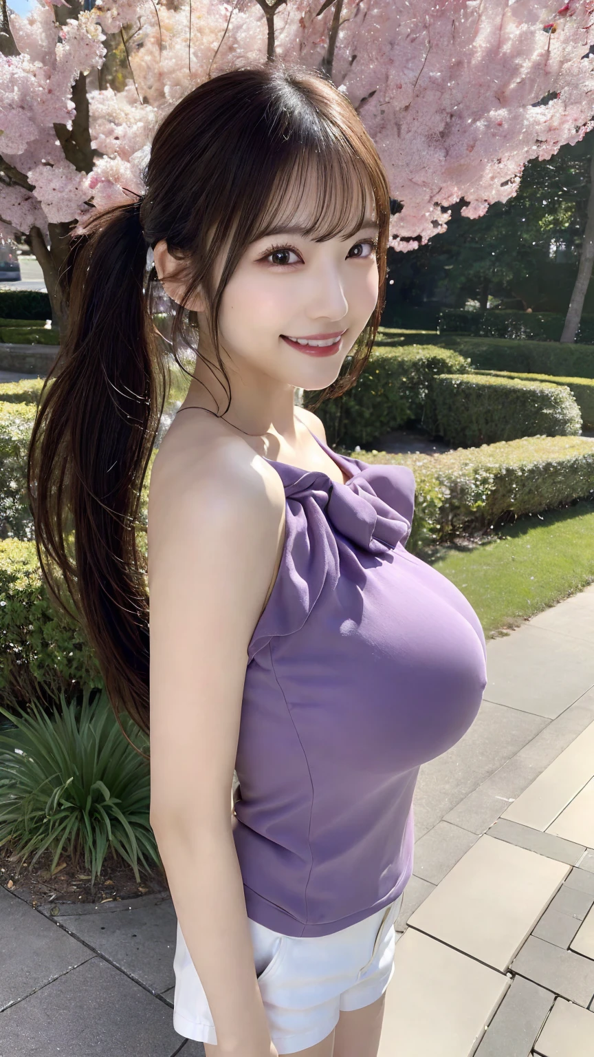 Ultra-realistic), (An illustration), (High resolution), (8k), (Very detailed), (最高のAn illustration),(Raw photo, Best Quality), (Realism, Photorealistic:1.4), Mastepiece, Very delicate and beautiful, Extremely detailed, 2k wallpaper, amazing, Fine details, Very detailedなCGユニティ8kの壁紙, Super detailed, High resolution, Beautiful detailed girl, Very detailedな目と顔, Beautiful detailed nose, Beautiful detailed eyes,Cinematic Lighting,Perfect Anatomy,Perfect promotion,(A shy smile, Beautiful Face), ((Perfect Legs, Perfect legs, Perfect hands, Perfect hands指, Perfect Arms, A shy smile, The mouth is perfect)), Looking straight at the camera, Bangs and ear bangs、necklace、 (((Cute Japanese girl wearing white shorts)))、 (((Beautiful 20 year old Japanese girl wearing purple t-shirt))), (((H cup big breasts)))、(((Bursting Busty!!!!!!!!!))) (((Huge boobs!!!!)))、((Huge breasts))、(((Attractive big breasts!!!!!!))), ((((Full body writing)))), ((((Ponytail Hair)))), ((Solo Photo)), ((Black Hair)), ((((Beautiful smile)))), (Slender body), ((Standing in a seductive pose in the park)), ((Emphasis on cleavage)), ((big breasts))