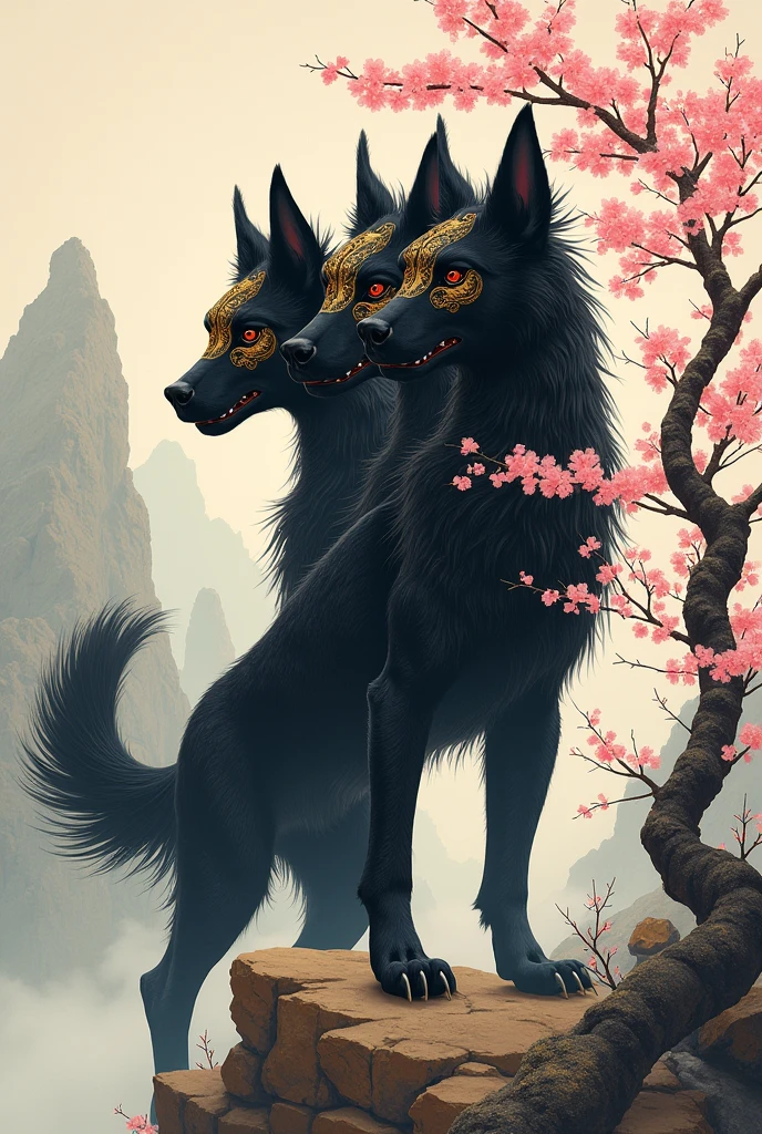 A black three-headed dog in the style of an ancient oriental painting
