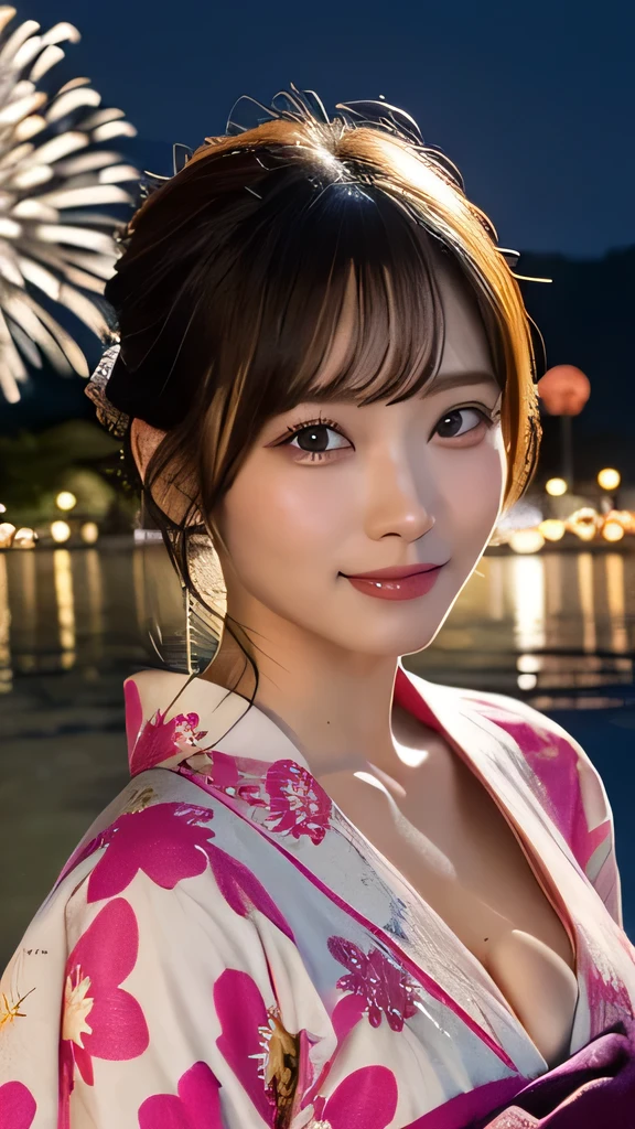 original, (masterpiece), (figure), (Beautiful and vivid background:1.25), (Depth of written boundary:0.7), Highest quality, shape, Very detailed, High resolution, 8k wallpaper, Perfect dynamic composition, Ultra detailed face, Natural Lip , Cleavage, (The eyelashes on both eyes are equal and beautiful.), (looking at the camera), (smile), (night, Fireworks venue), (Cute Yukata, yukata), Japanese style, whole body
