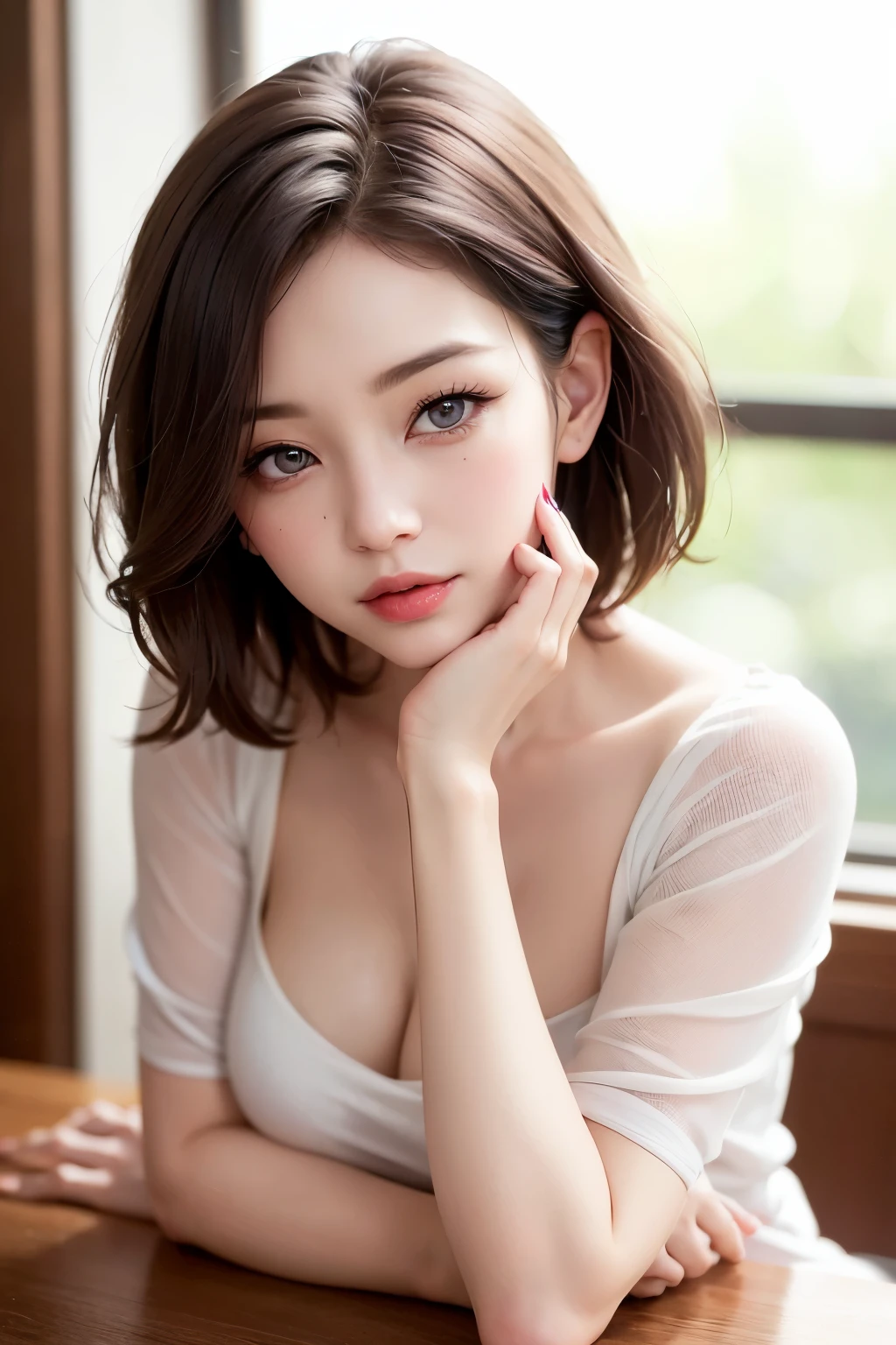 (Tabletop, Highest quality、Very attractive adult beauty、Add strong highlights to the eyes、Look closely at the camera:1.4、A beautiful woman with mature charm、Ideal body type、Perfect Anatomy、Short Brunette Bob、Shiny Hair、Lip gloss),one person&#39;s, alone, 明るい茶色のShiny Hair, scarf,Realistic, Looking at the audience、Please tilt your head a little, Bright colored crystal light blue eyes, 短いShiny Hair、 chestの中央に穴が開いた白いタートルネックの服,chestの真ん中に丸い穴が開いたセクシーな白いタートルネックのニットセーター、 lips, Lip gloss，prohibit, Upper Body、Big eyes、eyelash、Face is a little red、Embarrassing)、((Italian road system in winter))、((Short hair with bangs、Big eyes、Give students a very strong highlight、{Hugeな|big|Hugeなな|Mega} chest:2、とてつもなく大きなchest:2、Gazing at the audience、Very beautiful beauty、Listen carefully、Long neck、Laugh a little、Beautiful Teeth、Laughing with your mouth open、Heart-shaped pupils))、28 years old、Very cute supermodel、{Huge|big|Hugeな|Mega} chest, chestの谷間、A very picturesque background、Beautiful out-of-focus background、A wonderful sexiness filled with classy charm