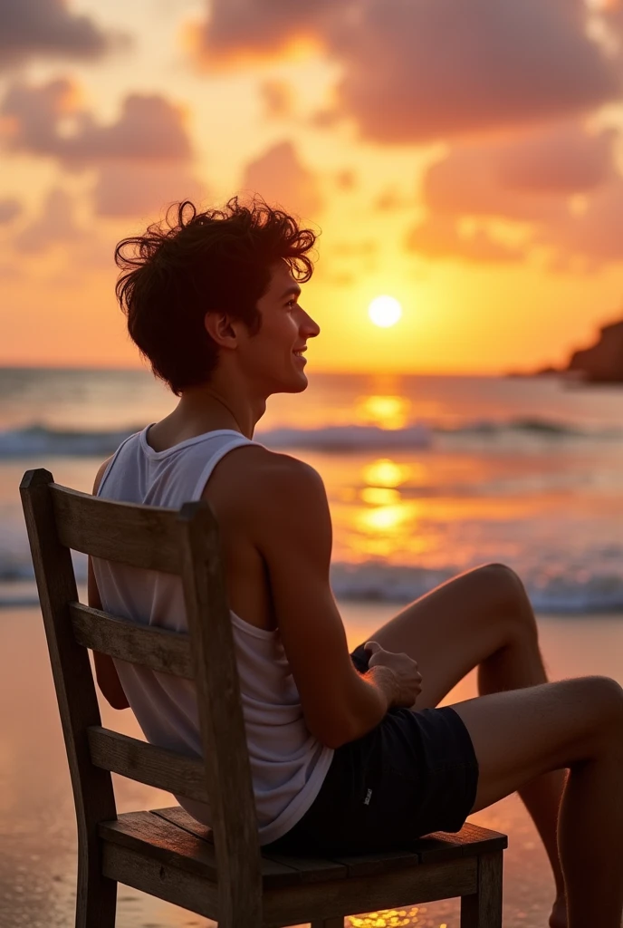 A 20 years old boy lookes very good and sit down on chair and sunset . On bich but luking like clearly human being 