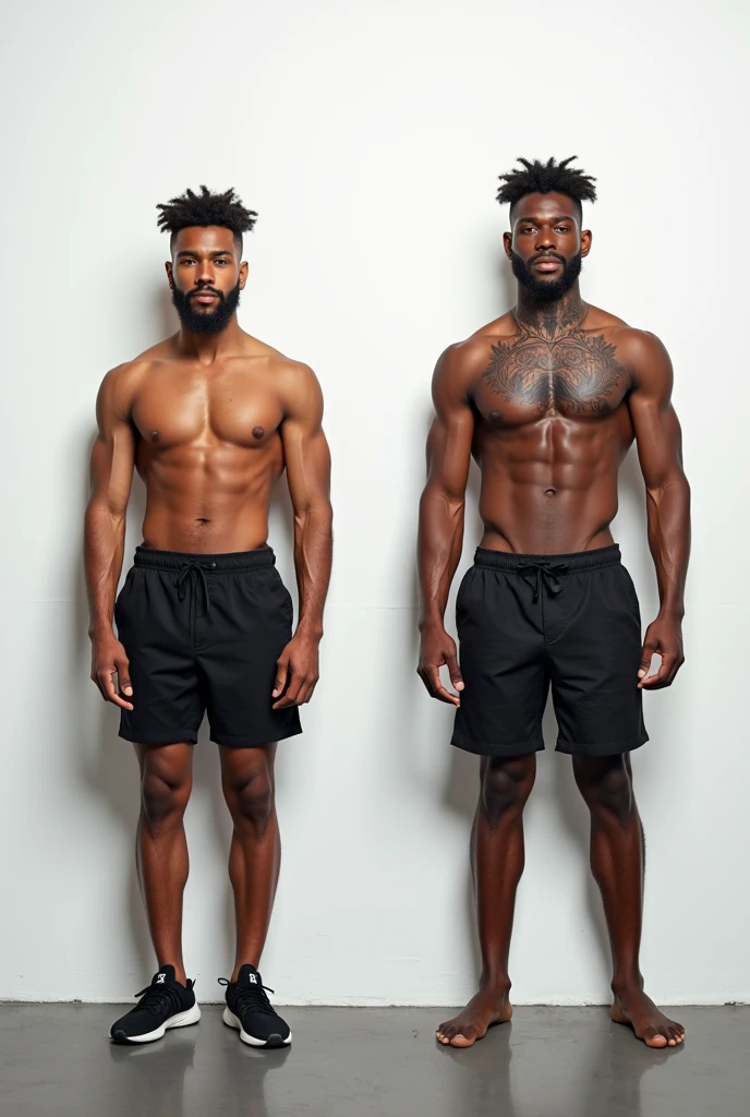 A before and after picture of a 25 years old brown skinned man standing in-front of white wall, who increased his height by 15 centimeters, having a tattoo in his neck, make it realistic