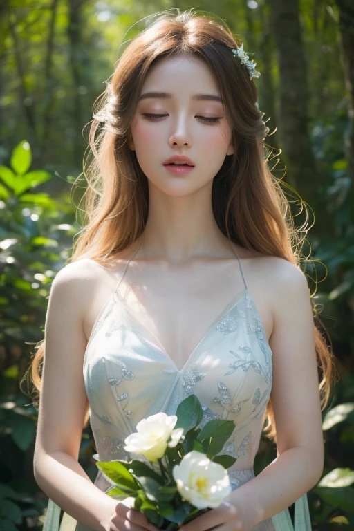 2 ethereal beauties, beautiful detailed eyes, beautiful detailed lips, extremely detailed eyes and face, long eyelashes, porcelain skin, flowing hair, magical affinity, fantasy, dreamlike, glowing aura, radiant light, detailed environment, lush foliage, enchanted forest, glowing fireflies, (best quality, 4k, 8k, highres, masterpiece:1.2), ultra-detailed, (realistic, photorealistic, photo-realistic:1.37), cinematic lighting, vibrant colors, mystical, whimsical