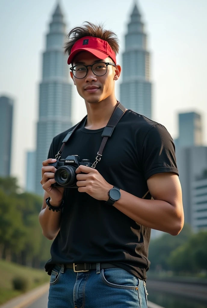 (photorealism:1.2), handsome young malay man wearing glasses, wearing red cap black tshirt and blue jeans, photo with a DSLR camera, in Kuala Lumpur Malaysia, detailed photo, high resolution photo, portrait photo, epic realism