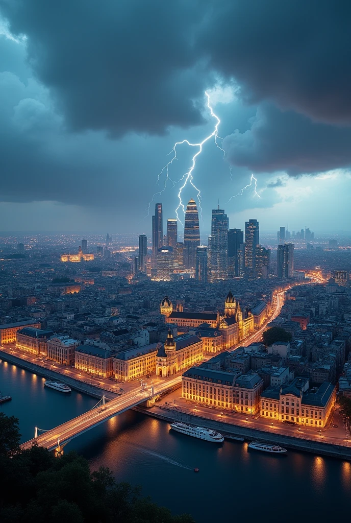 Future Budapest city with signature buildings seen from an airplane:1.5,thunder:1.4,port,skyscraper,master piece,highest quality,ultra high resolution,(Super detailed:1.2),8K,photorealistic,best aesthetic,beautiful