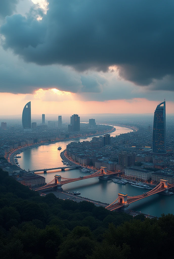 Future Budapest city with signature buildings seen from an airplane:1.5,thunder:1.4,port,skyscraper,master piece,highest quality,ultra high resolution,(Super detailed:1.2),8K,photorealistic,best aesthetic,beautiful