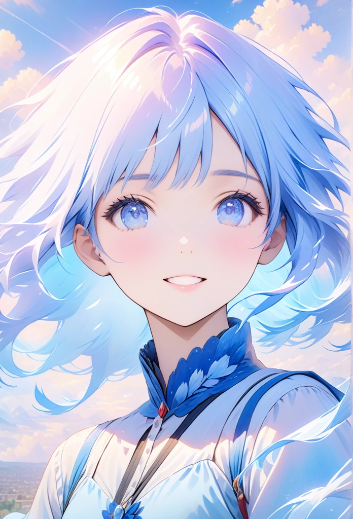 (8K, original photo, top quality, highly detailed CG Unity 8K wallpaper, masterpiece: 1.2), girl, light blue beautiful hair, floating in the sky, cloud girl, cloud, (close up: 1.1), bright, happy, pleasure, soft light, (Bauhaus, shape, Wire, Abstract: 1.1) Cornflower, small and beautiful girl with detailed eyes, light blue beautiful hair, light blue monochromatic dress, Upper body, The depth of field in the photo is perfect, Lens flare adds a nice touch. The delicate facial features on his face really stand out, And the score in this photo is definitely above 10 points. In the background, there were cloud, a stunning picture that really captured the beauty and cloud of the girl. , Accurate depiction of iris, Looking at the viewer lovingly like a gentle goddess,