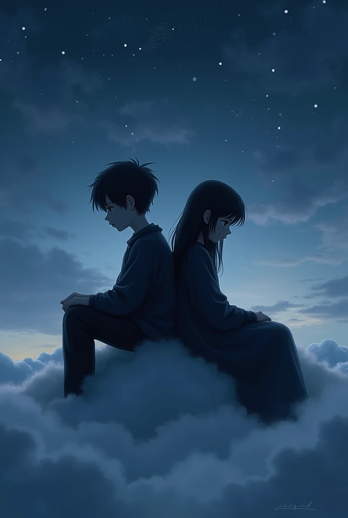 Sad boy facing right and girl facing left, black figure, sky background, sitting on each other back
