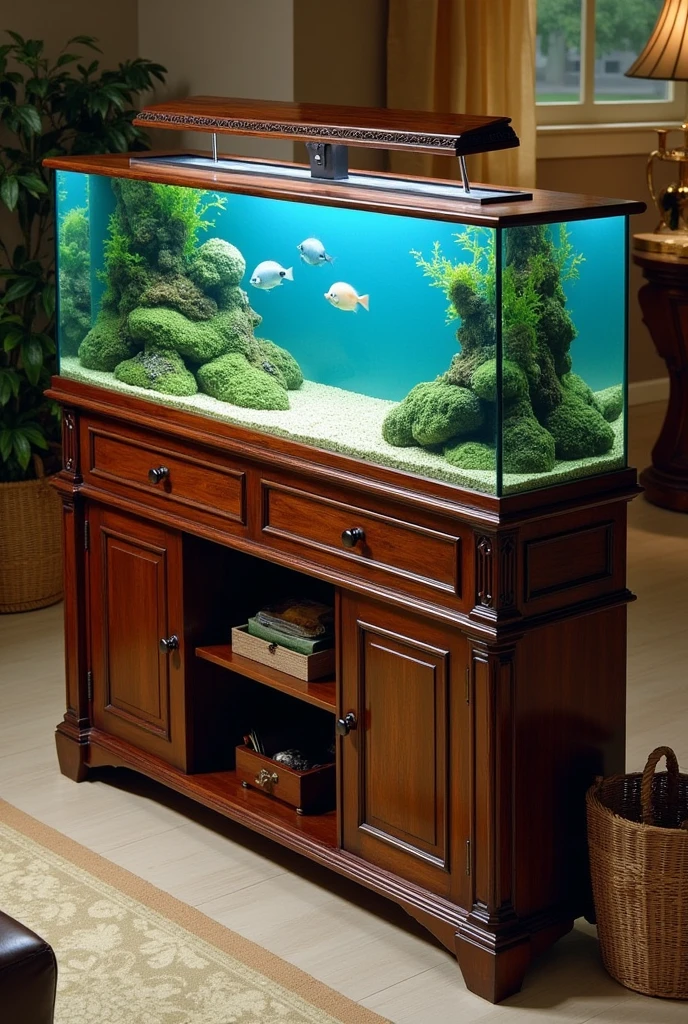 Draw a beautiful aquarium table
Dimensions:Length: 57 inches
Width: 21 inches
Height: 29 inches
With Two large Drawers and two small Shelves