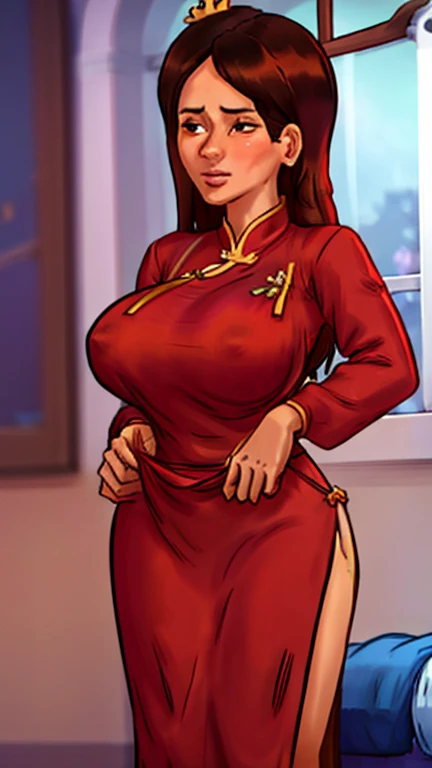 punctuation_9, punctuation_8_High above, punctuation_7_High above, fountain_アニメ, best qualityer, cleary see face, us, hair orange, orange eyes, long hair, breasts big, perfectbody, standing, looking ahead at viewer, shocked, chinese dress, Red clothing, dynamic angle, hinterland, wetclothes,blushful,engraved,see though the clothes,large breasted,hands on chest, view from the bottom,Bend,torn garments