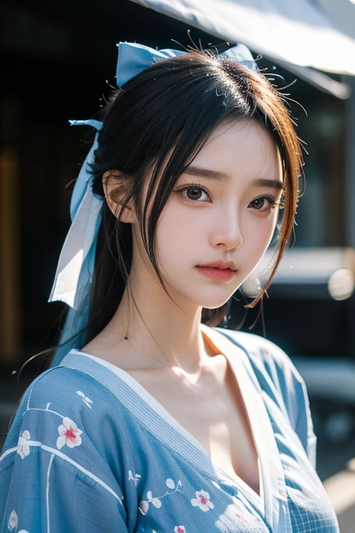 (20 year old beautiful girl),solo, masterpiece, High resolution, High detail, Highest quality, Very detailed, Ultra high definition, Textured skin, , Cinematic light effects, ((realism)), ((Surrealism)),8k octane, Portrait Photography, Black Hair,Light blue yukata,Side Up, ((Festivals)),Stall ribbon, Aperture value F1.8, Daylight