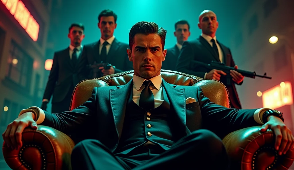 create a movie poster , a young and strong man mafia boss sitting in center on boss chair, gunmans standing behind, showing power, action movie poster, hyper details
