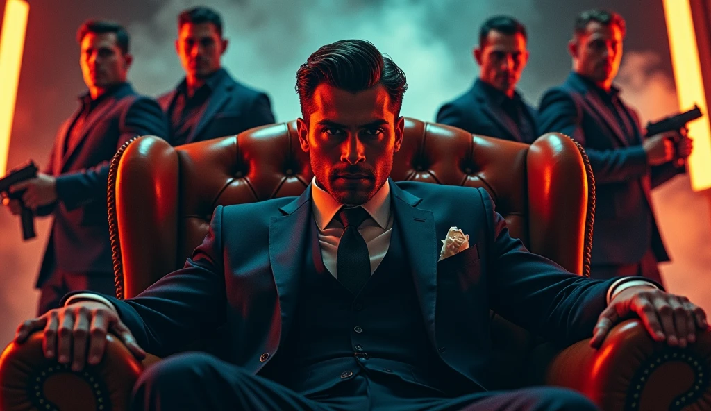 create a movie poster , a young and strong man mafia boss sitting in center on boss chair, gunmans standing behind, showing power, action movie poster, hyper details
