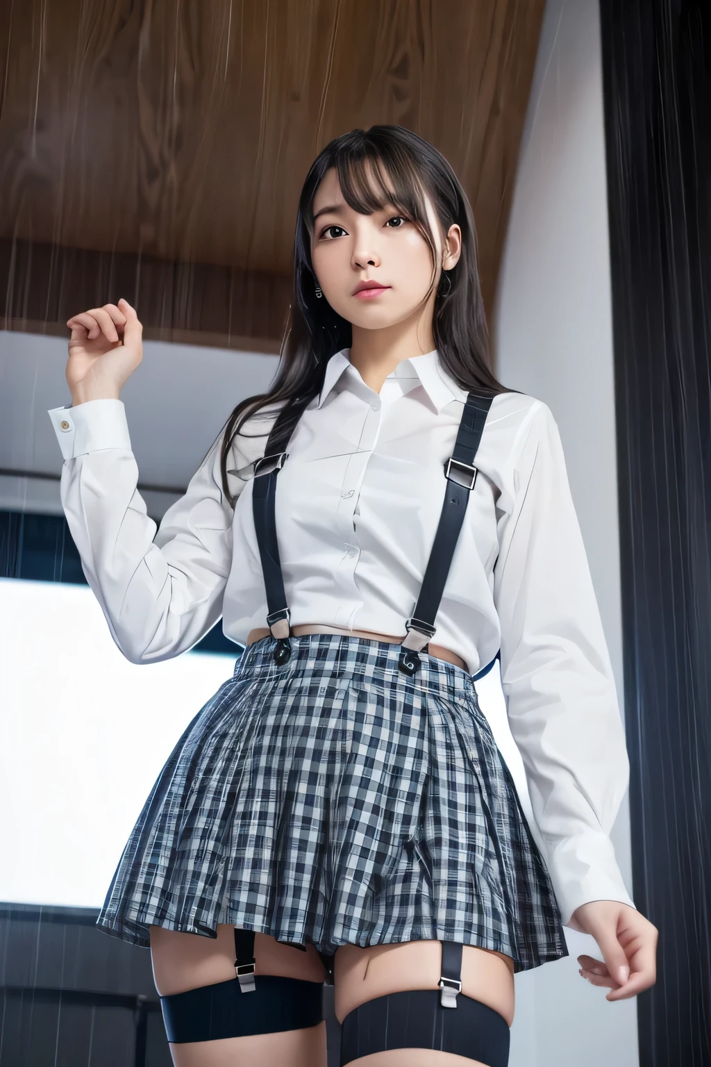 1 female, , high quality, masterpiece, Ultra-high resolution, Cinema Lighting, 1 female, , high quality, masterpiece, Ultra-high resolution, , Cinema Lighting, suspenders Moderate breasts Small face Looking up Sweat Thin belt buzzer 脇Sweat garter belt Belt on pants holster Hands behind your back Looking up Anxious face Knee-high Knee socks Knee-highソックス garter ふとももにgarter belt Checkered mini skirt Panty shot Skirt gap Armament holster holster Hands behind your back Anxious expression Anxious face, legs apart Armament Leg Holster holster See-through clothing heavy rain Rain-soaked dress shirt,Moderate breasts ガーターbelt suspenders Garter on the thigh Checkered mini skirt Looking up Pause belt Armpit sweat Hands behind back Raise your hands