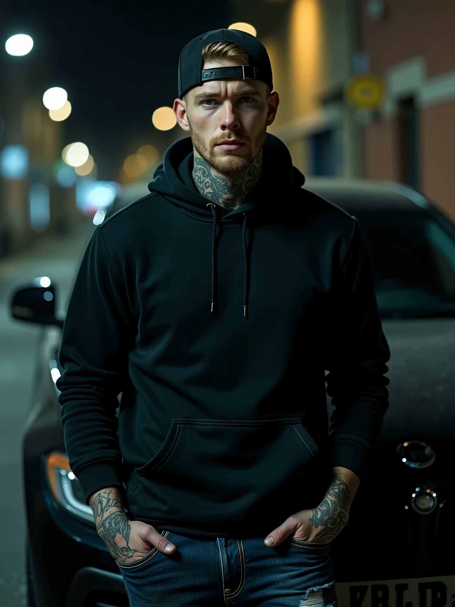 create a british gangster , tattoed neck ,black hoodie, baseball cap, ripped jeans, ,,blonde short hair , blue eyes, confident,serious expression, manly looking,symetrical size,,nsane details, dark background ,high details,monster,more detail XL,male,Movie Still,EpicLand,Film Still,photo r3al, alleyway, nighttime, leaning againt the hood of a car,   heavily tattooed