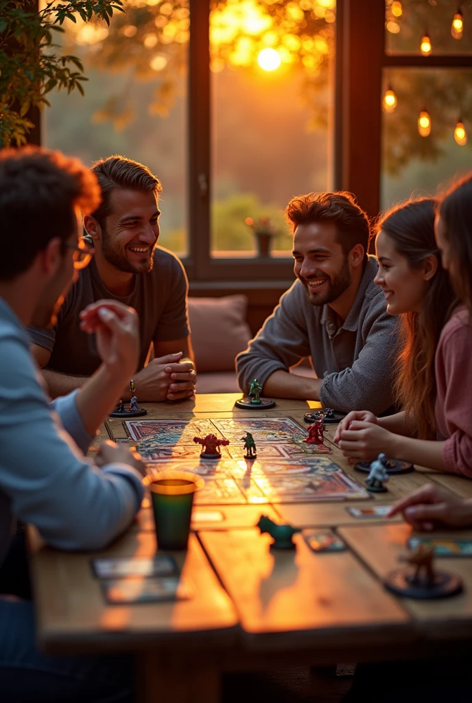 People having fun playing gloomhaven board game, nice aesthetics, sunset lights
