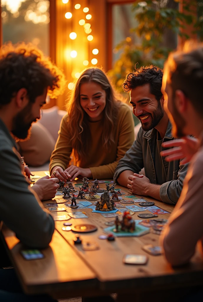 People having fun playing gloomhaven board game, nice aesthetics, sunset lights