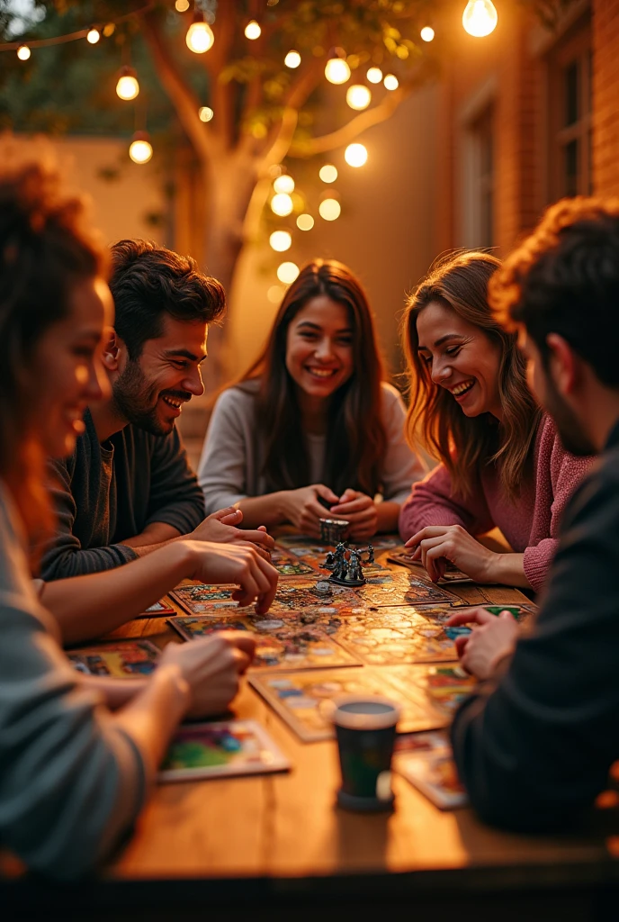 People having fun playing gloomhaven board game, nice aesthetics, sunset lights