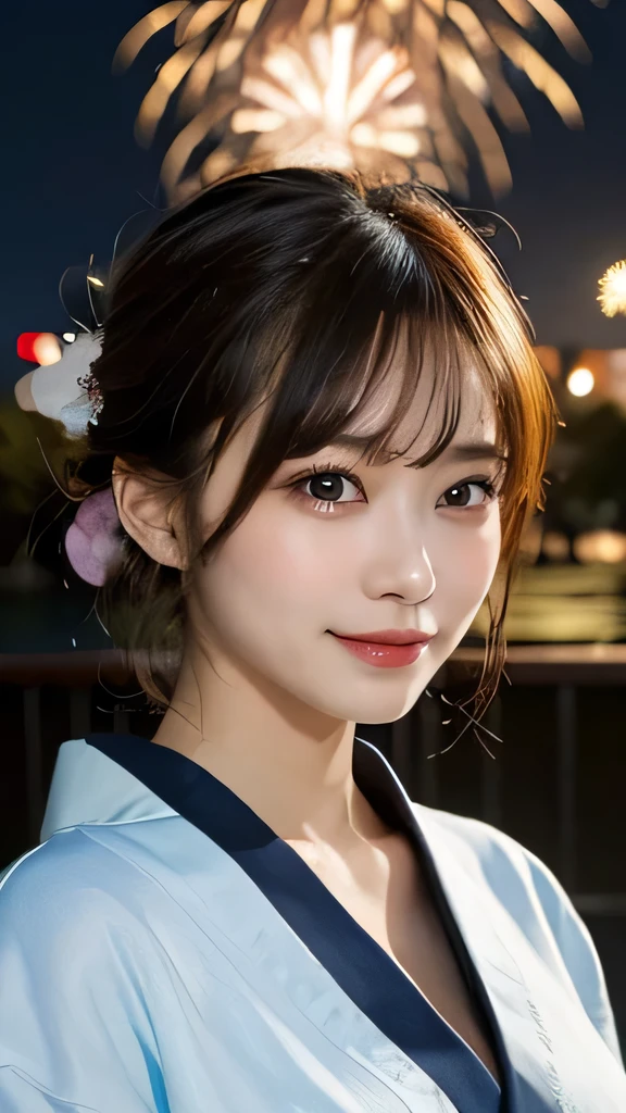 original, (masterpiece), (figure), (Beautiful and vivid background:1.25), (Depth of written boundary:0.7), Highest quality, shape, Very detailed, High resolution, 8k wallpaper, Perfect dynamic composition, Ultra detailed face, Natural Lip , Cleavage, (The eyelashes on both eyes are equal and beautiful.), (looking at the camera), (smile), (night, Fireworks venue), (Cute Yukata, yukata), Japanese style, whole body