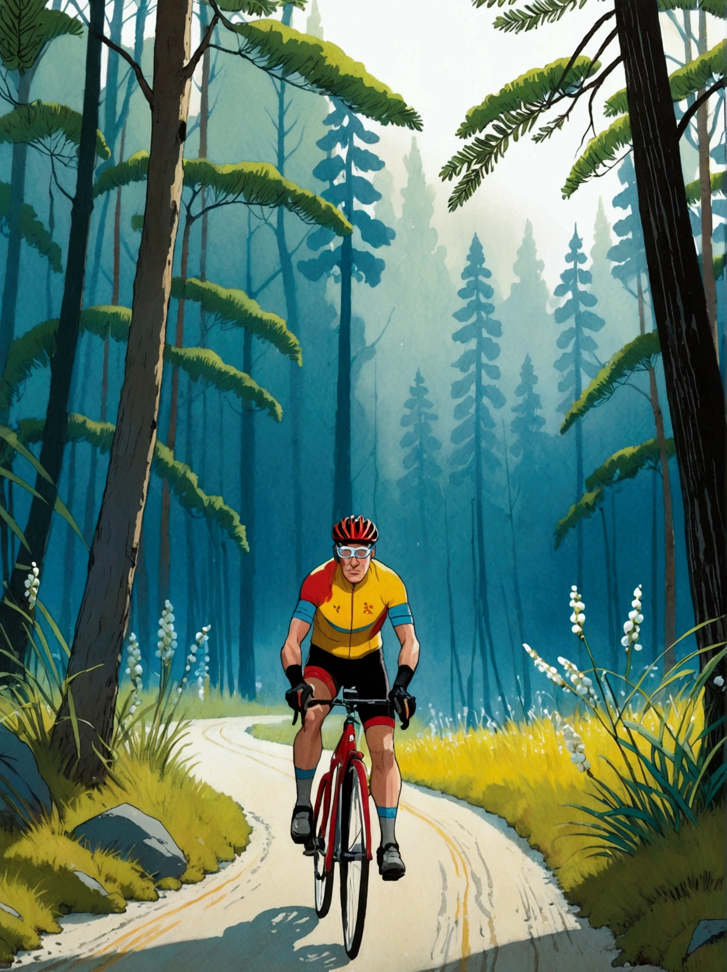 (shsw), ([negative space:0.8:1.5]), A blue-eyed bicyclist in yellow glasses, a red helmet with a visor, and Endura gloves, with right leg in a plaster cast, is riding a black-red bicycle equipped with Avid Elixir brakes and SRAM X0 shifters. A bike bag is attached to the bike rack. The cyclist is furiously pedaling through a pine forest, alongside a blue river on a sandy road. On one side of the road, low grass, ferns, and Lily of the valley grow, while on the other side, there is a picturesque marshland with reeds and larches，colorful cartoon-style illustration from an award winning animated movie, illustrated in bold outlines, showcasing its colors and shapes, The character is depicted adorned colorful energy against a white background, [mythical creature:0.8]