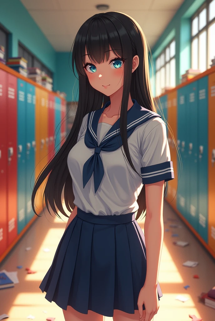 NSFW Long hair girl, black in color, blue colored eyes. with huge breasts, slim with hips and ass, no belly. With the school uniform, the blouse is very tight