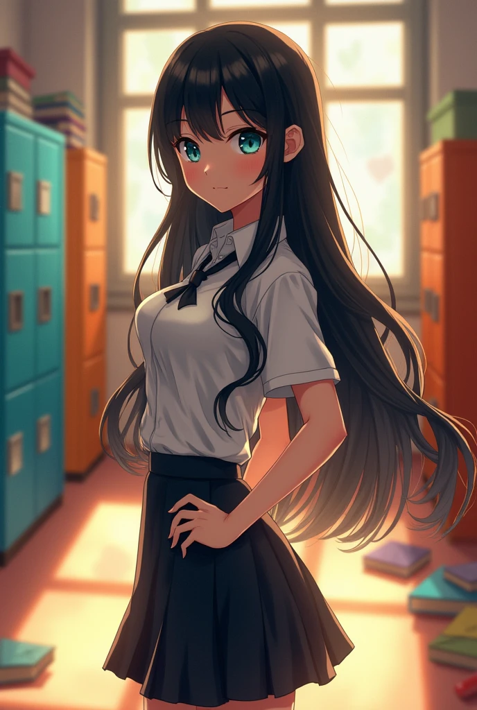 NSFW Long hair girl, black in color, blue colored eyes. with huge breasts, slim with hips and ass, no belly. With the school uniform, the blouse is very tight