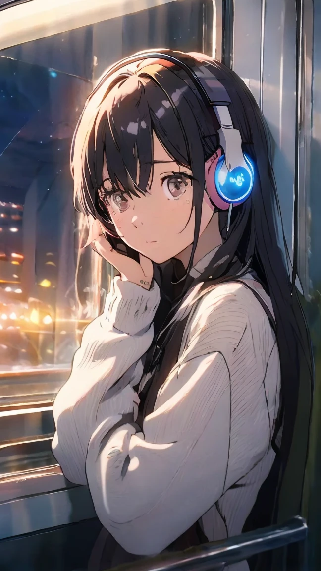 Optimal,masterpiece,High resolution,Highest quality,A beautiful woman gazing out the window from inside a train at night.。Wearing one headphone。It's night outside。Clothes are hoodies。profile。Apply eye makeup beautifully