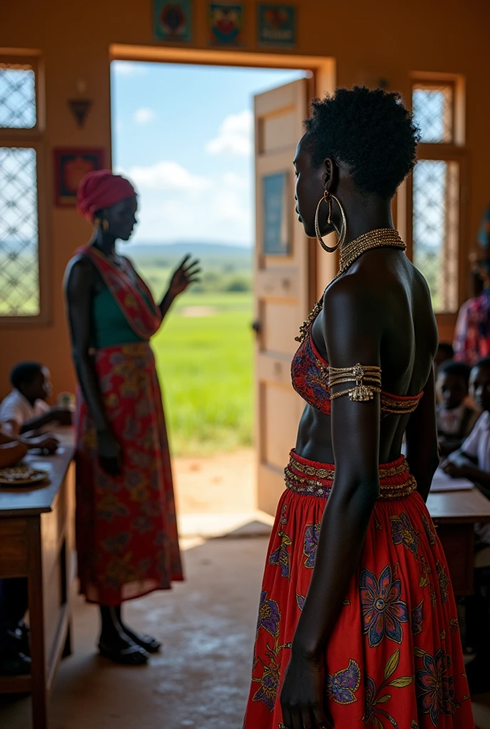 A teacher in Kenya sending out of classroom a sudanese student with cultural body markings and pierced earlobes