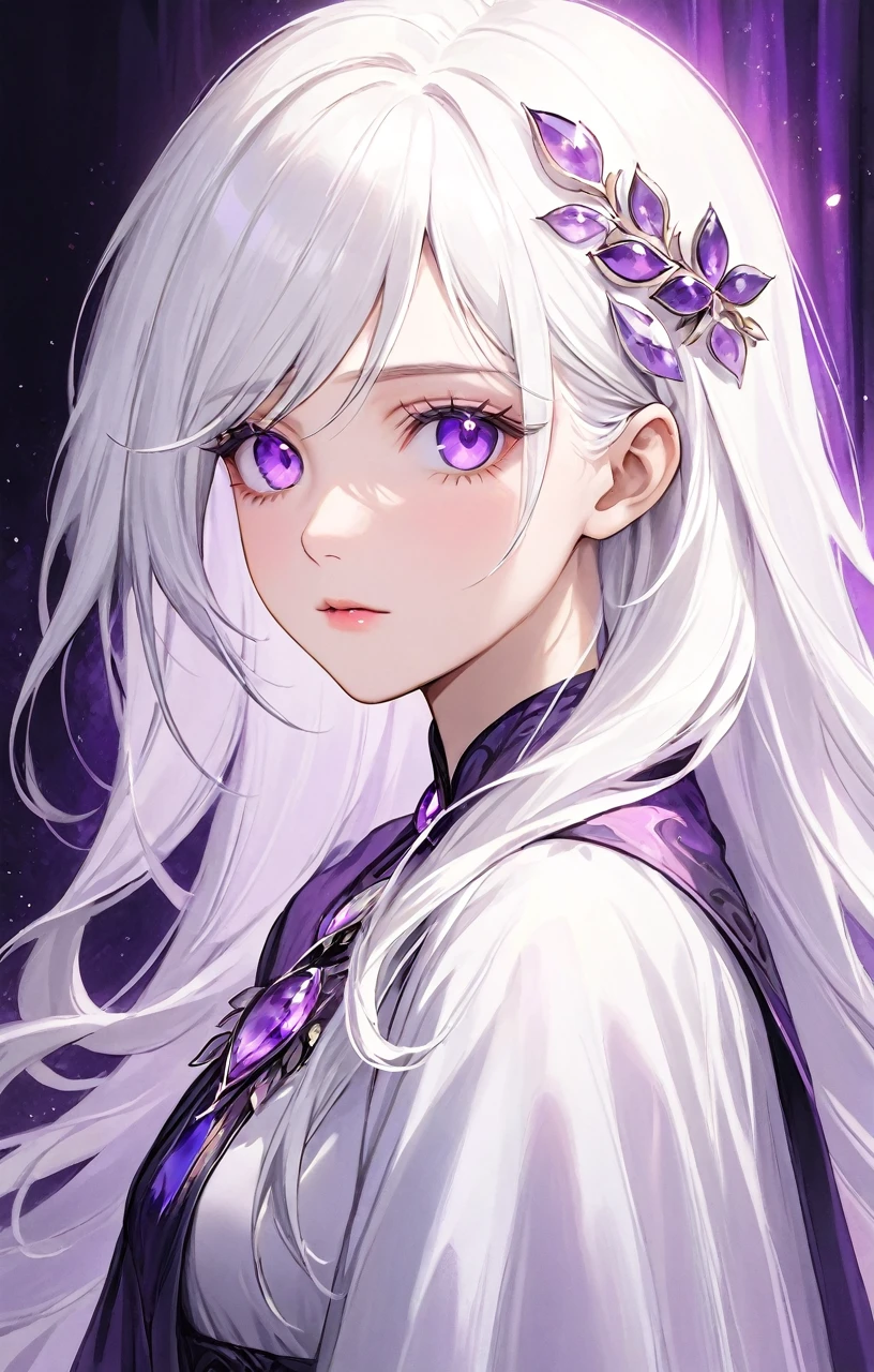 A woman with white hair, long hair, amethyst eyes, a beautiful face, looks mature, calm, beautiful, elegant.