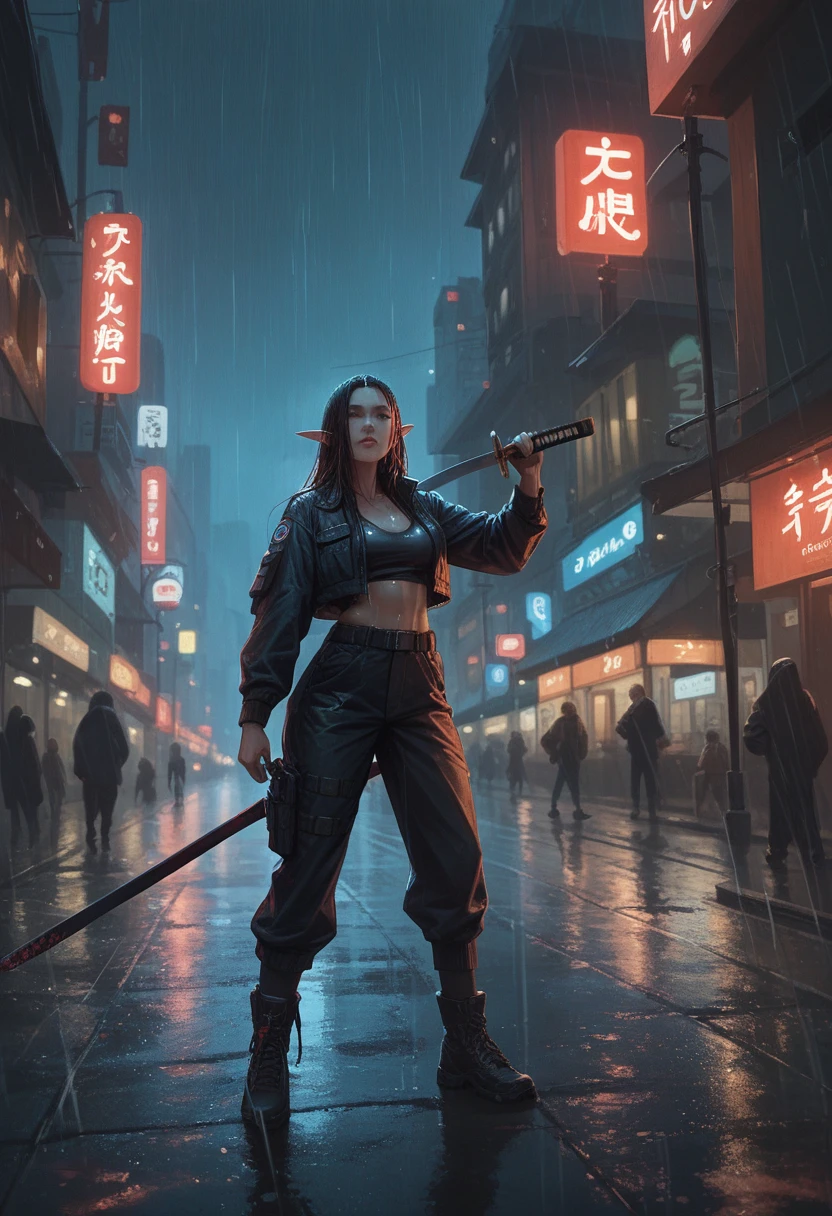Female Elf. Unbelievably pretty, Shadowrun. Tactical clothing, katana, big tits, sexly. neonlights, nighttime, city, rainy