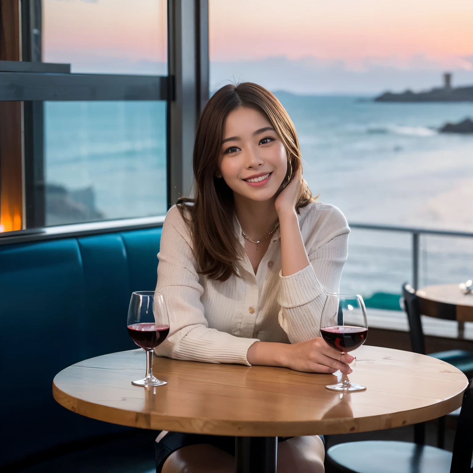 ((Restaurant with sea view:1.4))、((Highest quality、8k、masterpiece:1.3))、((1 female:1.4))、Satomi Ishihara、 Age 25、Slim Beauty、Pink couple、smile、 (Slim face), (The body is スリム), (Brown Hair), (Shortcuts), テーブルのフルコースディナーとwine glass、Amazing view of the sunset sky and sea、smileの美しさ、Wine bottle、sparkling wine、Long sleeve shirt、dress、White wine, red wine, wine glass,
