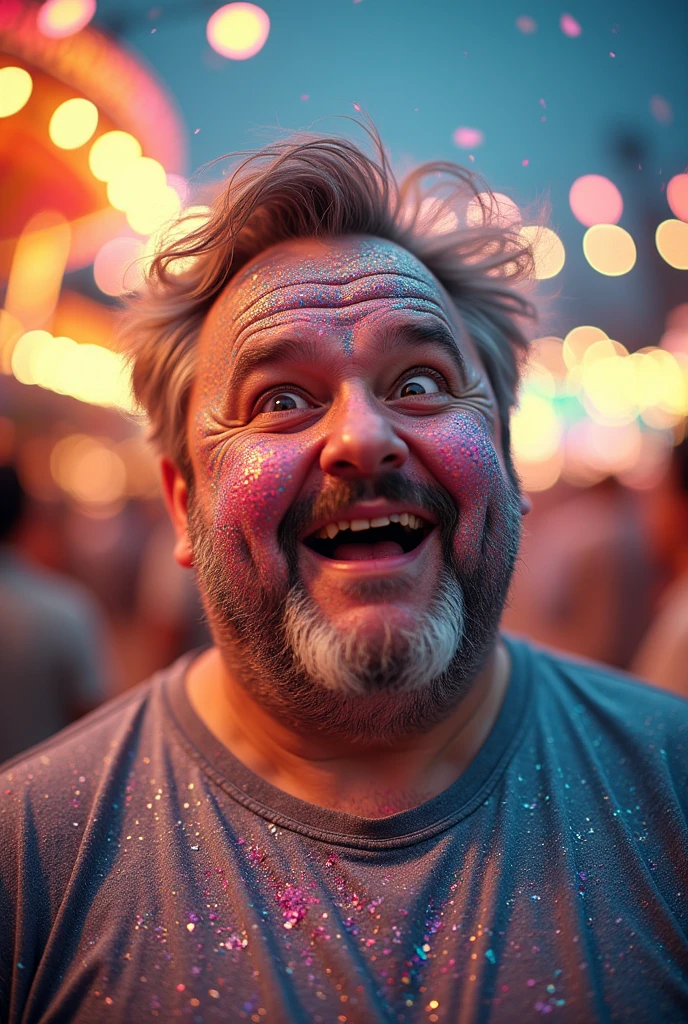 Glitter bomb exploding on a face of a middle aged man with a potbelly
