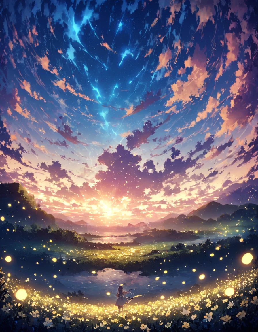 blue sky, White clouds floating in the distance, ((Sea of firefly flowers))、Firefly flowers bloom、((Firefly flower field))、(Many firefly flowers)、(((There is no one)))、 Vast landscape photography , (((Landscape only))), holding a fae wand、Fireflies are flying around. The background features cloud flowers of various sizes.., dream-like, 青い色調のdream-like雰囲気. High definition anime style, High resolution, Capturing the vastness of nature. Soft lighting creates a warm atmosphere.(Glowing lights, Atmospheric lighting), dream-like, Magic,horizon、Nobody is here、Few clouds