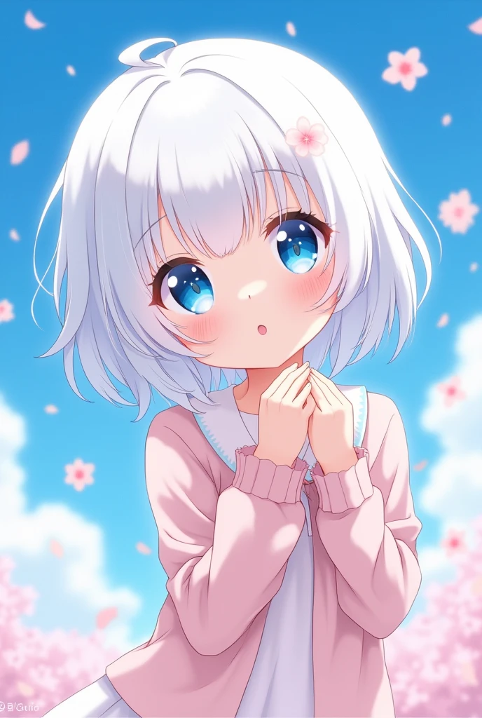 Cute anime girl with white short hair, blue color scheme, not wearing clothes.