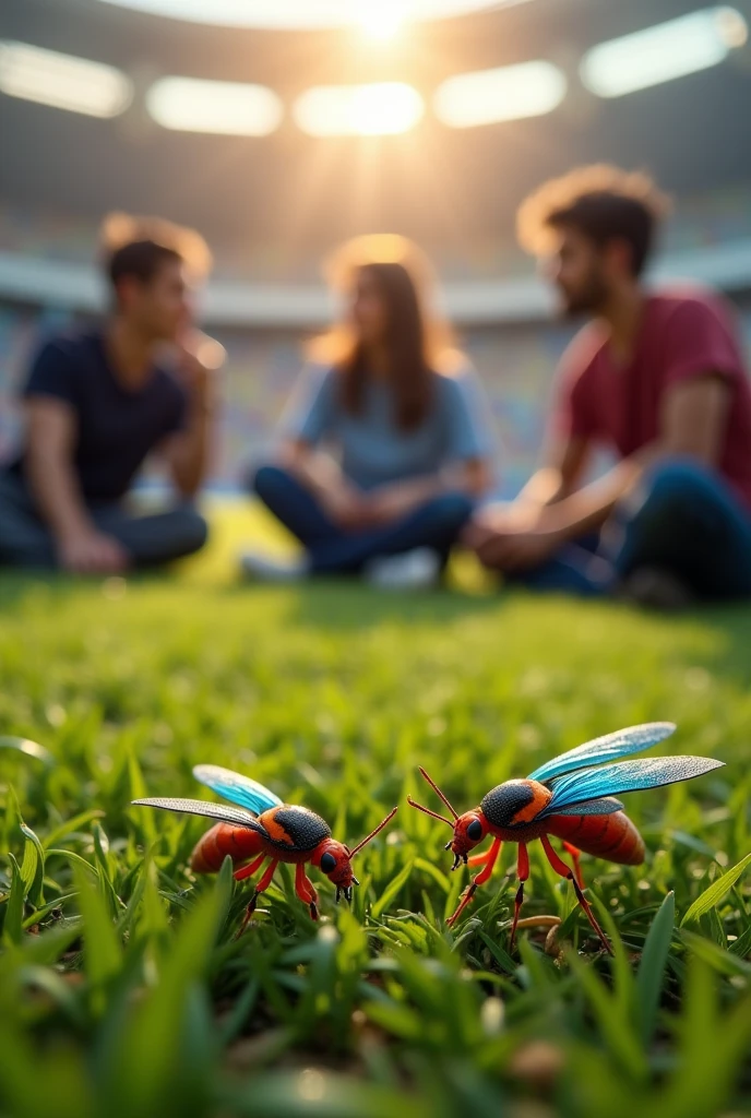 (photorealism:1.2), a stadium hall with 3 students talking rational stuff in background and zoomed picture of pitch having 2 beautiful coloured pattern small bugs on it 