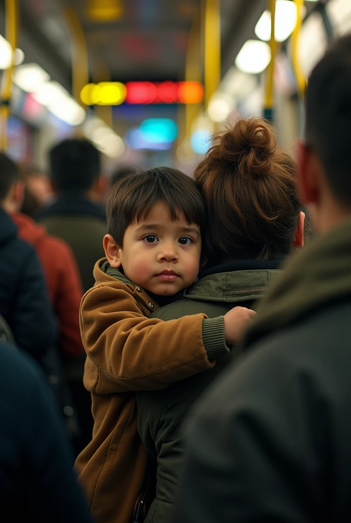 Son squeezing behind his mother on the bus