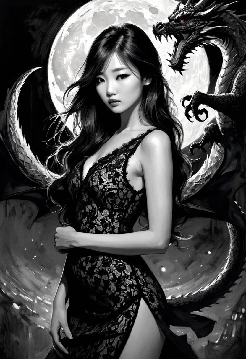 girl and dragon, slim, sexy girl, with a very sexy black lace dress, very long brown hair, Korean features, sexy dress, magic, moon, , eroticism, sexy, black and white image, between shadows, oil painting, chiaroscuro, sensual, dramatic lighting, moody atmosphere, sketch, intricate details, masterpiece, ultra-detailed, high quality, 8k, best quality, realistic, cinematic, dark and brooding, expressionistic, powerful composition, emotional impact, art inspired by Bill Sienkiewicz and Dave McKean