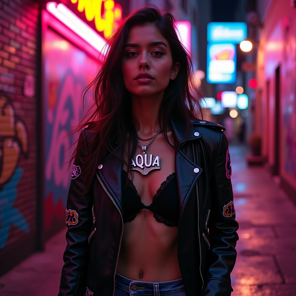 Woman 20 years old, asian, very sexy, large pendant with the letters AQUA, cool gangster girl