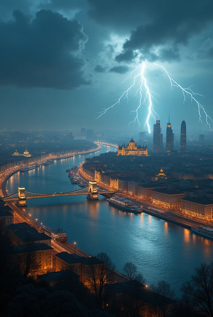 Far Future Budapest city with signature buildings seen from an airplane:1.5,thunder:1.4,port,skyscraper,master piece,highest quality,ultra high resolution,(Super detailed:1.2),8K,photorealistic,best aesthetic,beautiful
