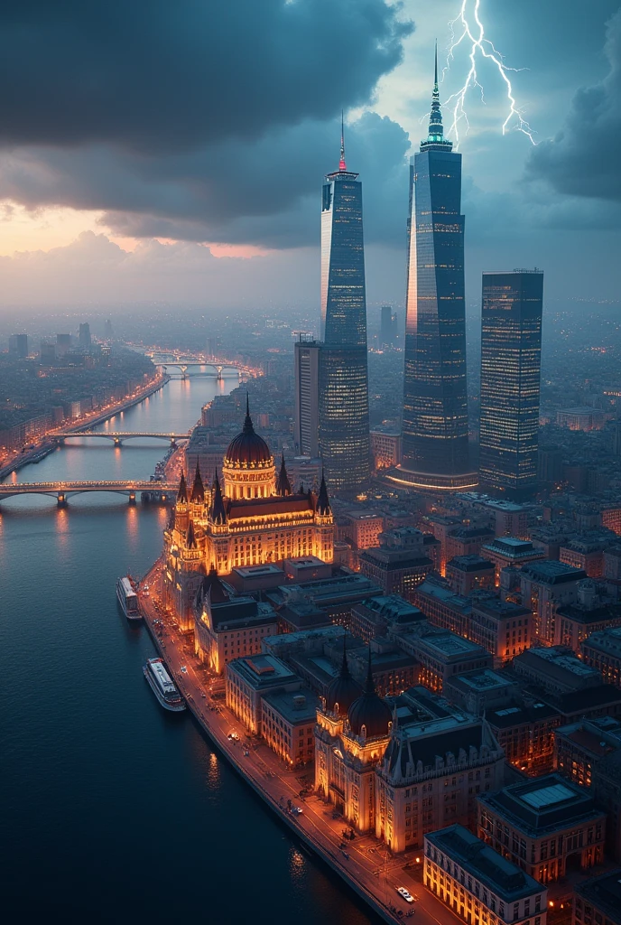 Far Future Budapest city with signature buildings seen from an airplane:1.5,thunder:1.4,port,skyscraper,master piece,highest quality,ultra high resolution,(Super detailed:1.2),8K,photorealistic,best aesthetic,beautiful
