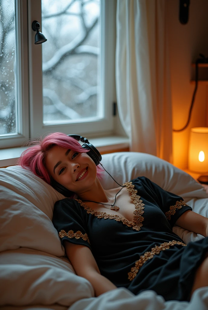 Best Quality, masutepiece, (Photorealistic:2), Ultra High Resolution, Highly detailed, A hyper-realistic, 1girl in, ((head phone)), (Longer dresloral pattern, colourfull_hair、(((very_Short_hair))), Short hair, Slim body, Full Shot, Looking at Viewer, ((Music Studio)), Bright atmosphere, spot light, Detailed background,8K, best qualtiy, masterpiece, photograph realistic, Hide your face with happiness, medium breasts, black sexy pajama, listening to music with head phones, lying in bed, bedroom, music, headphones, golden Lace, Aerith Gainsborough, whole body, exposed bare shoulders, do lado de fora, outside, Covered with snow, cloaks, high high quality, Adobe Lightroom, highdetailskin, looking at viewert, rainning background, rain window