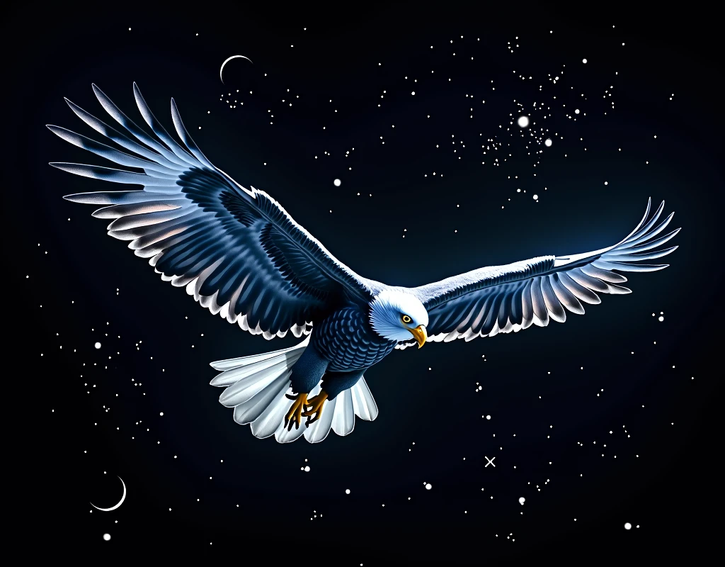 The image features a bird, specifically an eagle, in flight against a dark background speckled with stars and other celestial motifs. The eagle is depicted with its wings spread wide, showcasing its impressive wingspan and feather details. Its head is turned to the side, giving a sense of motion as if it's gliding through the sky. The bird's body is colored in shades of gray, contrasting sharply with the black background, while its wings are adorned with hues of blue and white. The overall style of the image suggests an artistic or symbolic representation rather than a realistic portrayal.