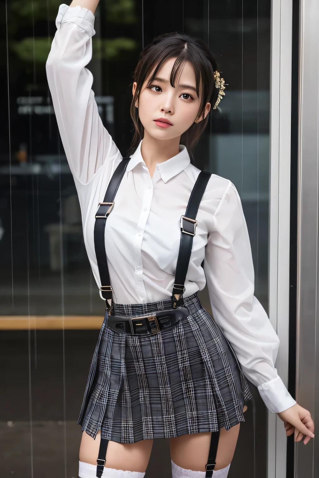1 female, , high quality, masterpiece, Ultra-high resolution, Cinema Lighting, 1 female, , high quality, masterpiece, Ultra-high resolution, , Cinema Lighting, suspenders　　　Moderate breasts　 　 　　　　　 　　　　Small face　 　　　　　　　　　　　Looking up　　　　Sweat 　　　Thin belt　buzzer　脇Sweat 　　　　 　garter belt　　Belt on pants　　holster　 　　Hands behind your back　 　Looking up　Anxious face　Knee-high　Knee socks　Knee-highソックス 　garter　ふとももにgarter belt　Checkered mini skirt　 　　Panty shot　Skirt gap Armament　　　holster　holster 　　Hands behind your back　 Anxious expression　　Anxious face, legs apart　Armament　　Leg Holster　holster　See-through clothing　heavy rain　Rain-soaked dress shirt,Moderate breasts　ガーターbelt　suspenders　Garter on the thigh　Checkered mini skirt　Looking up　Pause　belt　Armpit sweat　Hands behind back　Raise your hands
