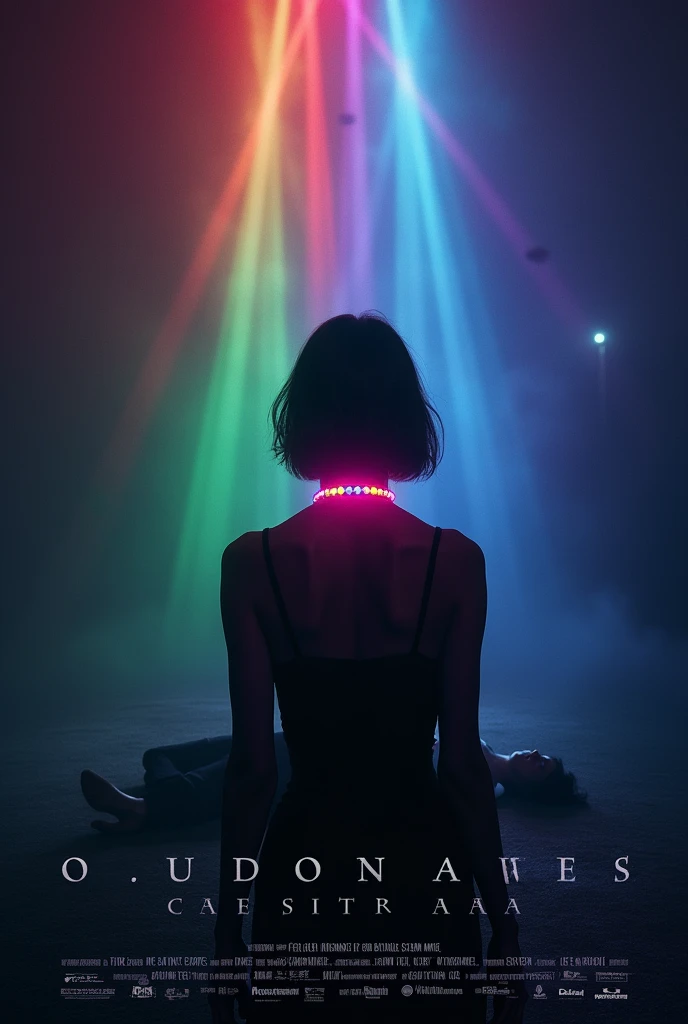 Make a movie Poster about 500 people trap in a psychological killing game and the character had a glowing rainbow choker on there neck with glowing rainbow lighting in the background and the movie is named "play with fate", theres also credits in the bottom and have a dead body around the character in the poster